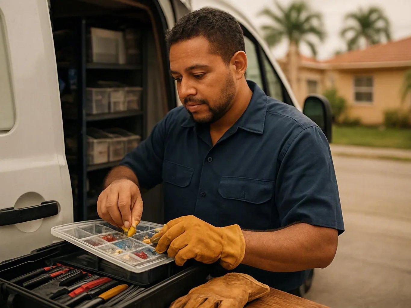 Gloved worker sorting electrical parts beside a service van on a suburban street