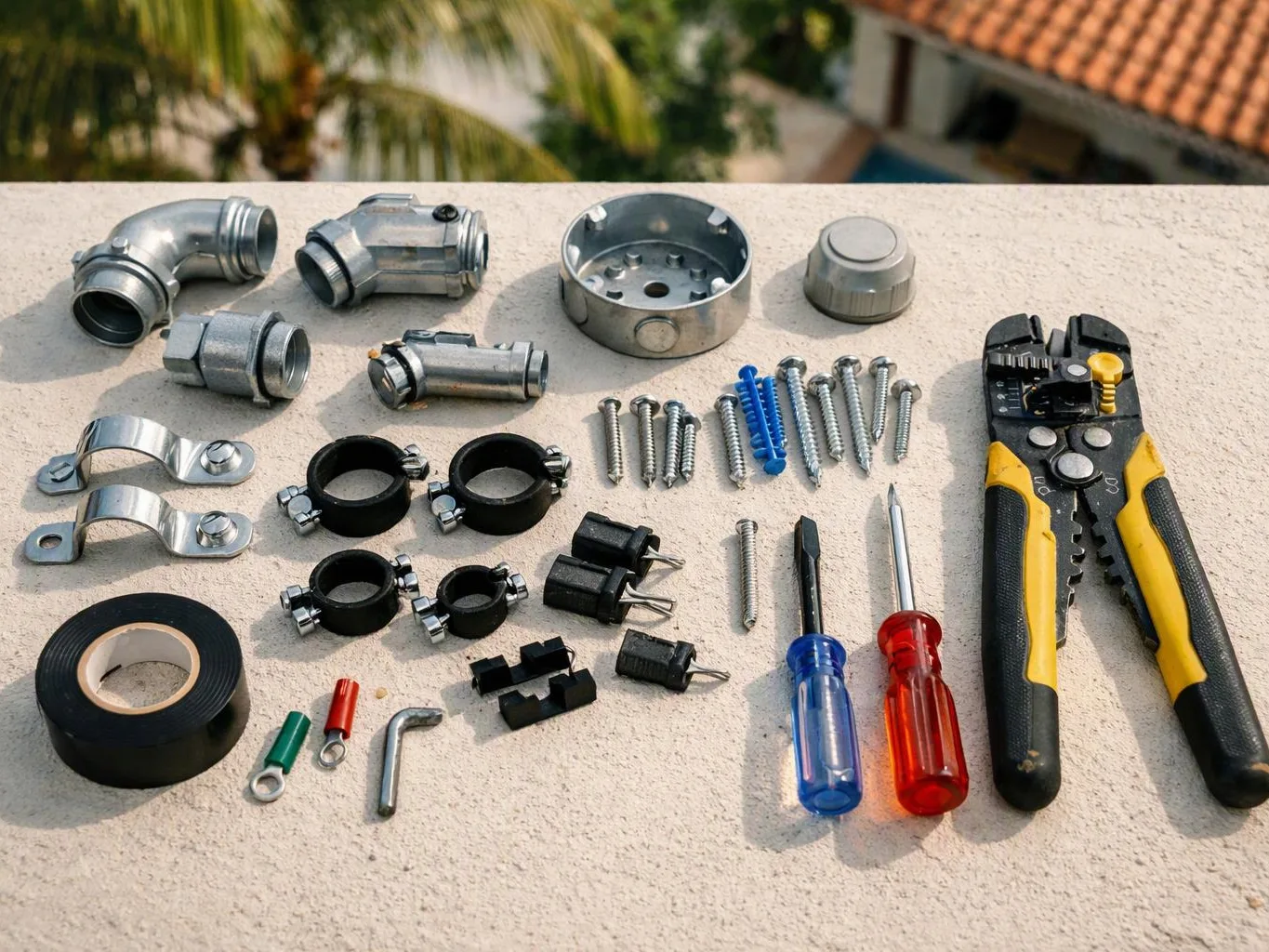 Assorted electrical conduit fittings, screws, clamps, tools, and tape are spread across a sunlit concrete ledge