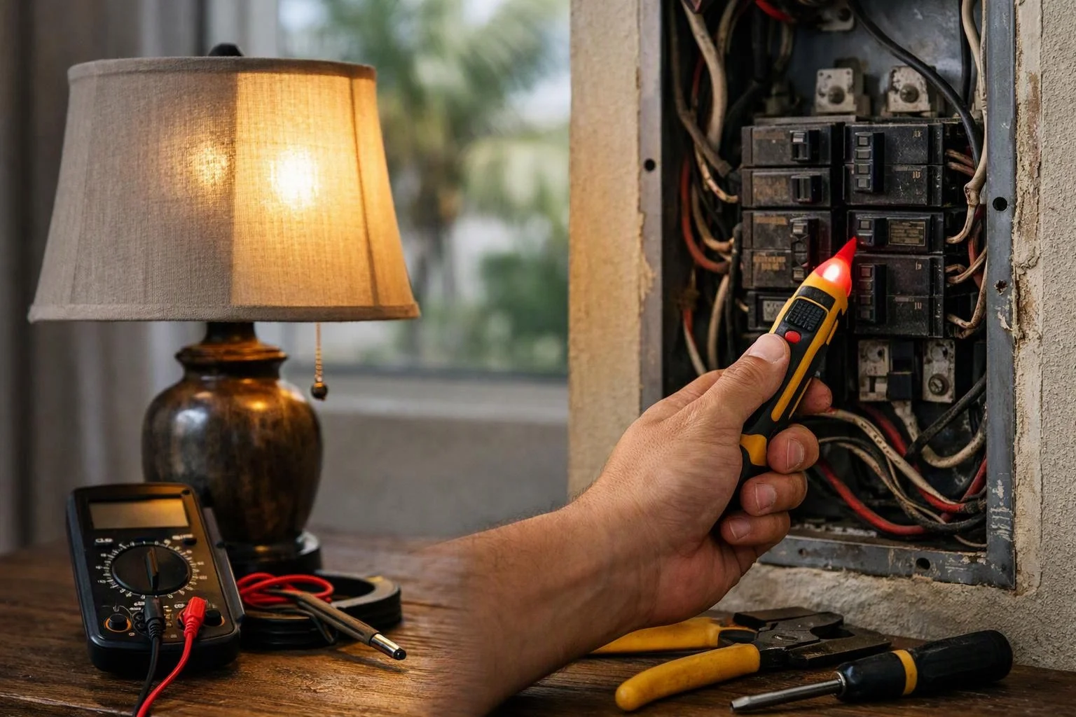 Advertising-grade tabletop still life photograph of a clear visual metaphor illustrating what "Flickering or Dimming Lights