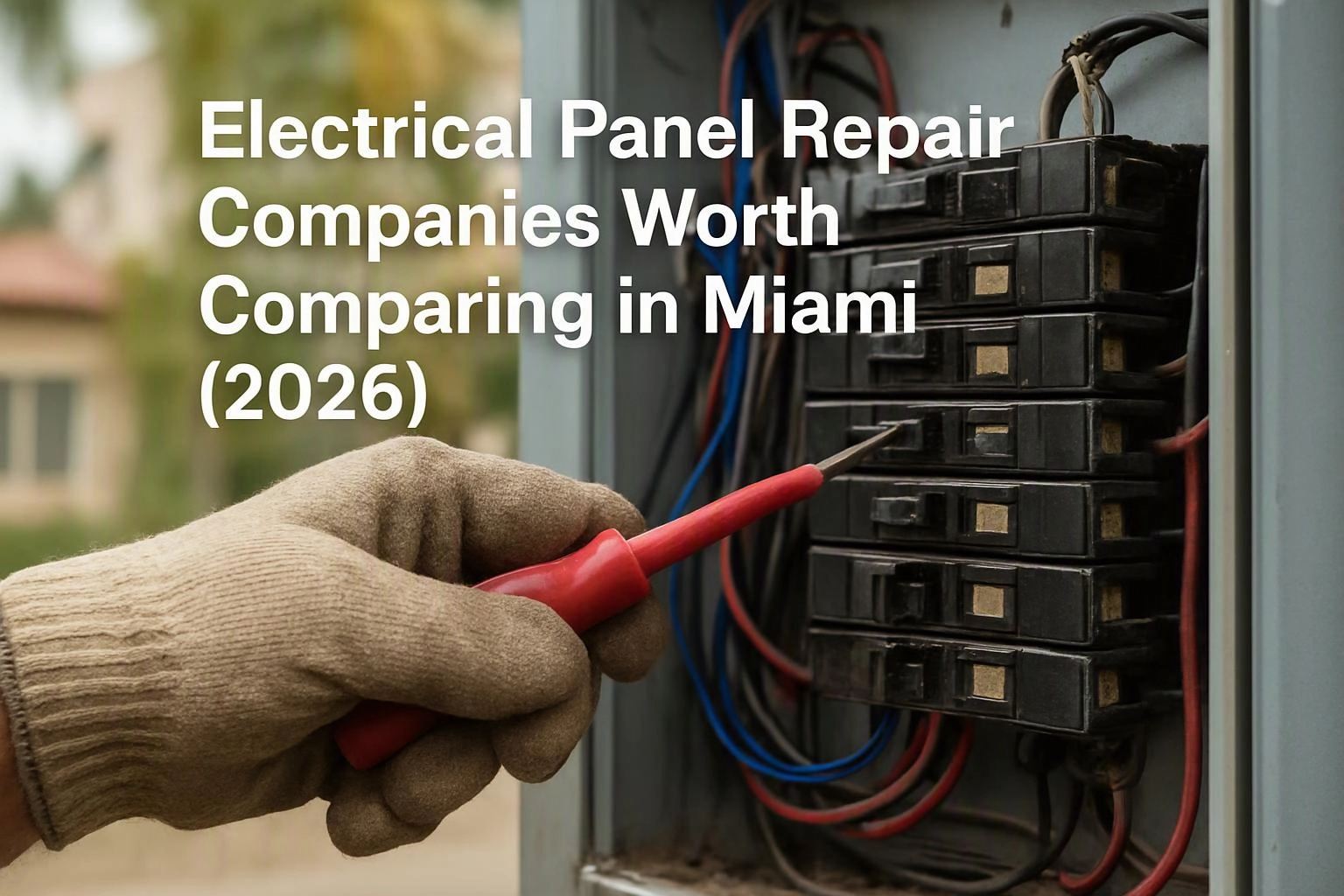 Macro product photograph depicting a visual metaphor about comparing electrical panel repair companies