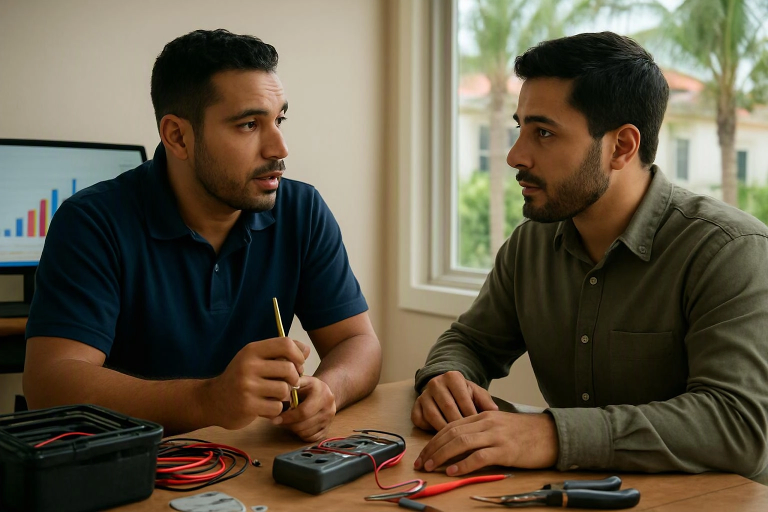 Two men talk across a table with wires, a multimeter, and tools in a bright room