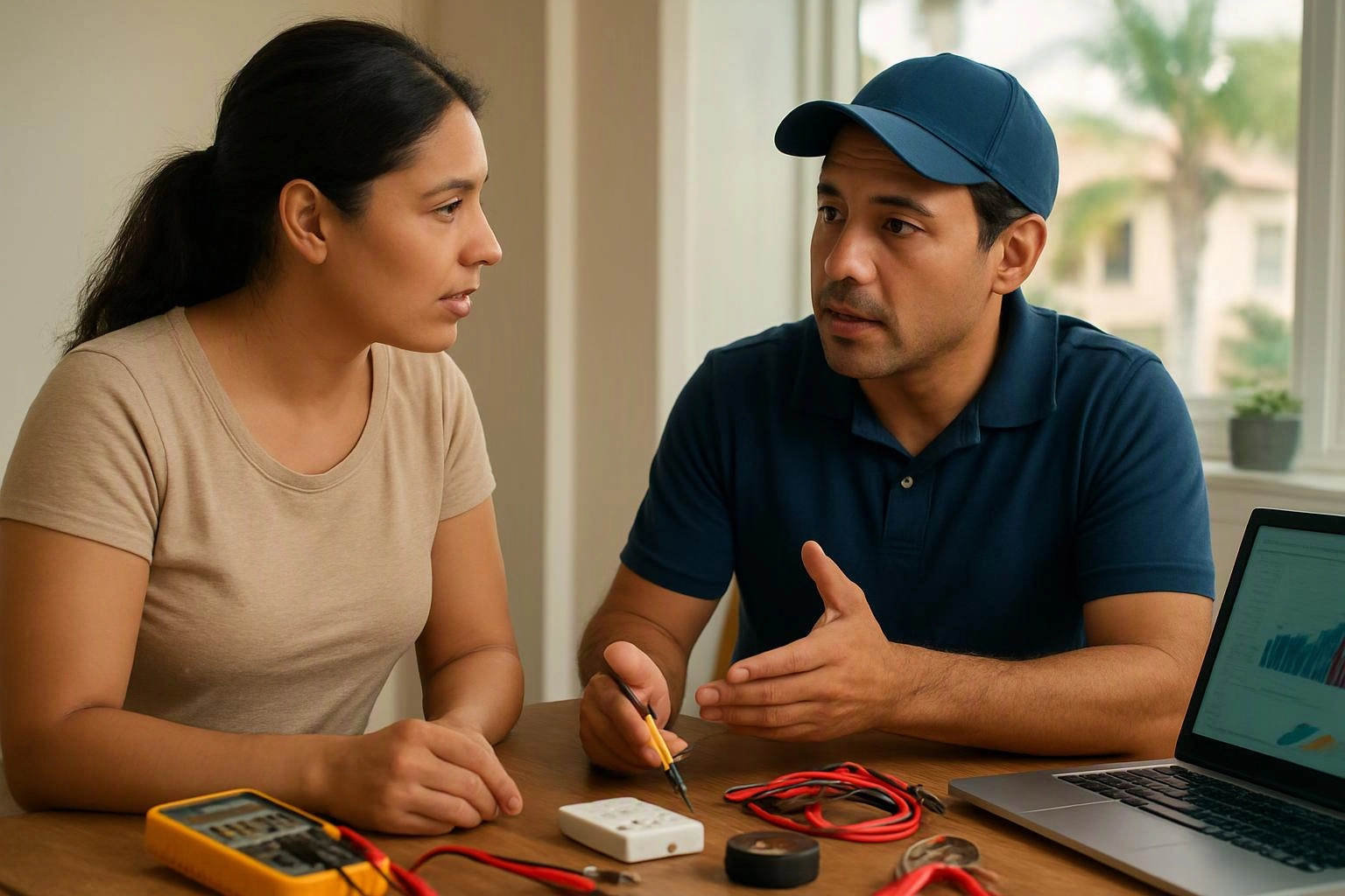 Two people sit at a table, talking over testing tools, a laptop, and a phone in a bright room