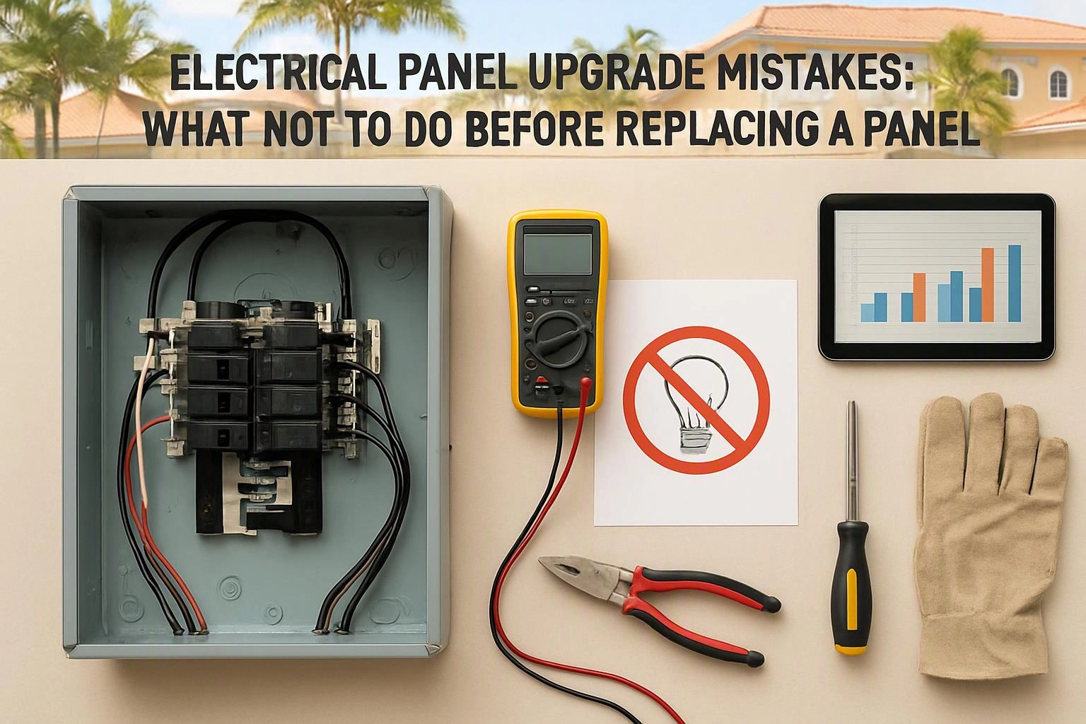 A safety graphic shows an open electrical panel, tools, gloves, and a warning sign on a beige background