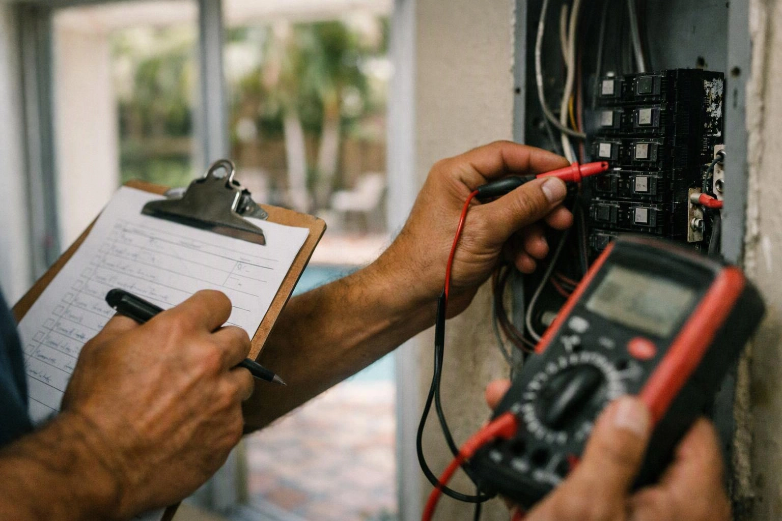 A technician tests an open electrical panel with a multimeter while another hand holds a clipboard nearby