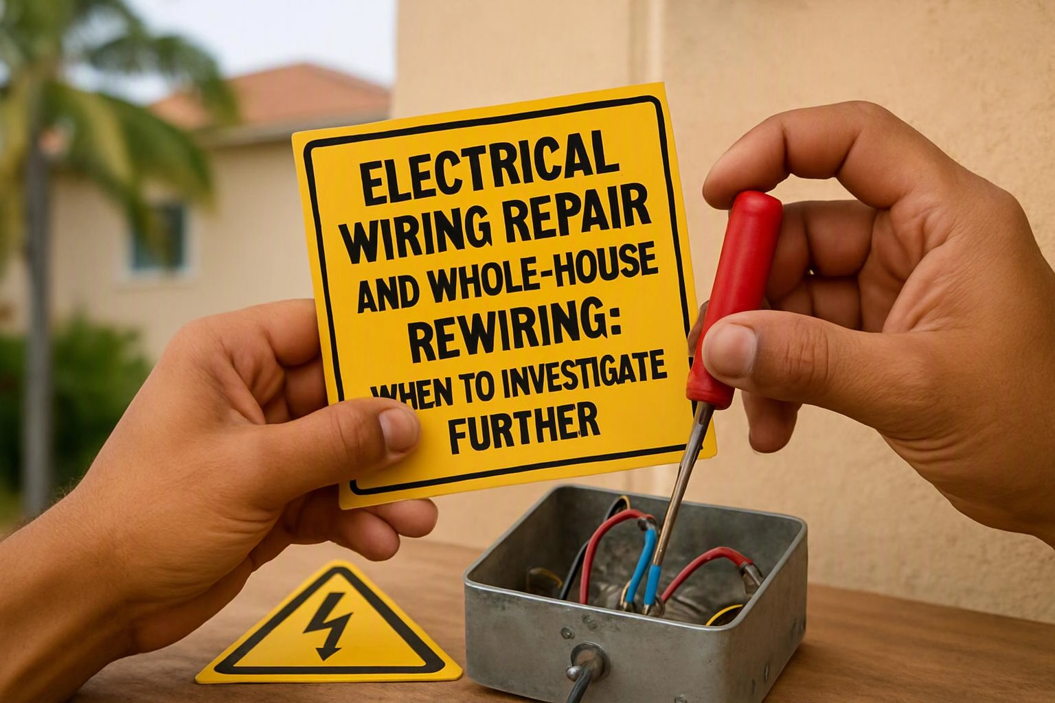 Advertising-grade tabletop still life photograph of a clear visual metaphor illustrating what "Electrical Wiring Repair and Whole-House Rewiring