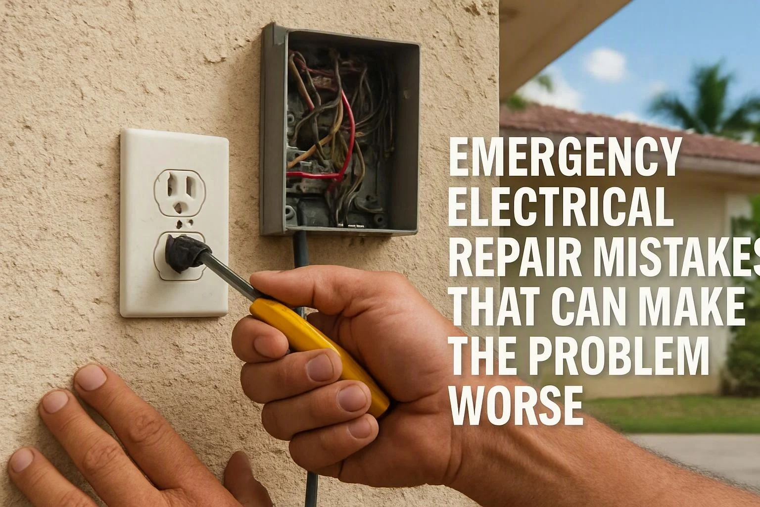 A hand uses a screwdriver on a wall outlet beside an open electrical box, with large warning text over the scene