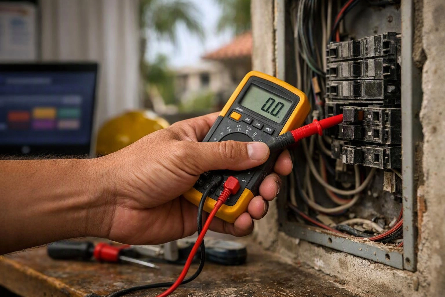 A hand tests an electrical breaker box with a digital multimeter near exposed wires inside a wall opening