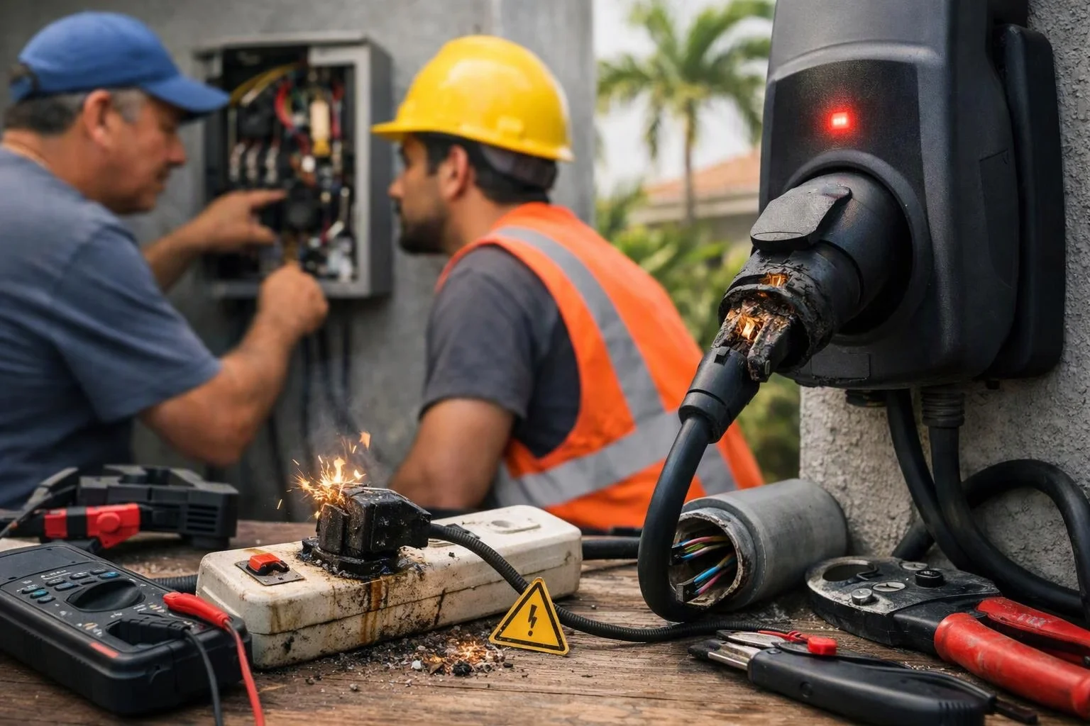 Two workers inspect a sparking electrical setup with damaged plugs, tools, and warning signs on a workbench