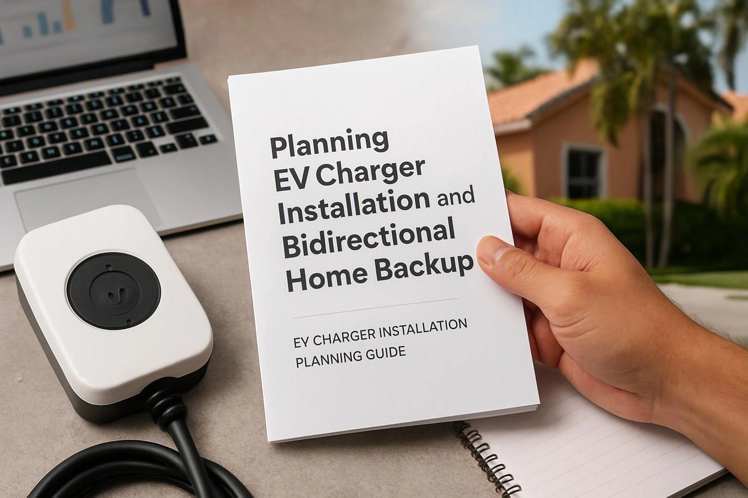 A hand holds an EV charger planning guide beside a charger, laptop, and suburban house background