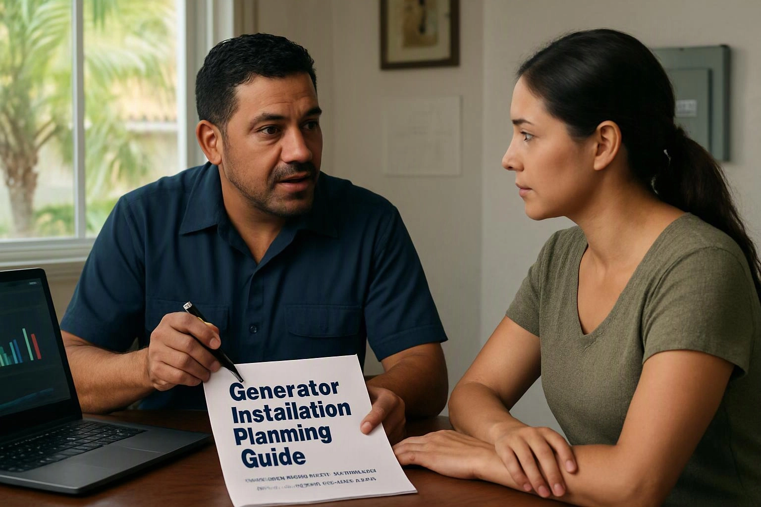 Two-person consultation photograph showing wide establishing view of a setting where "Planning Generator Installation, Repair