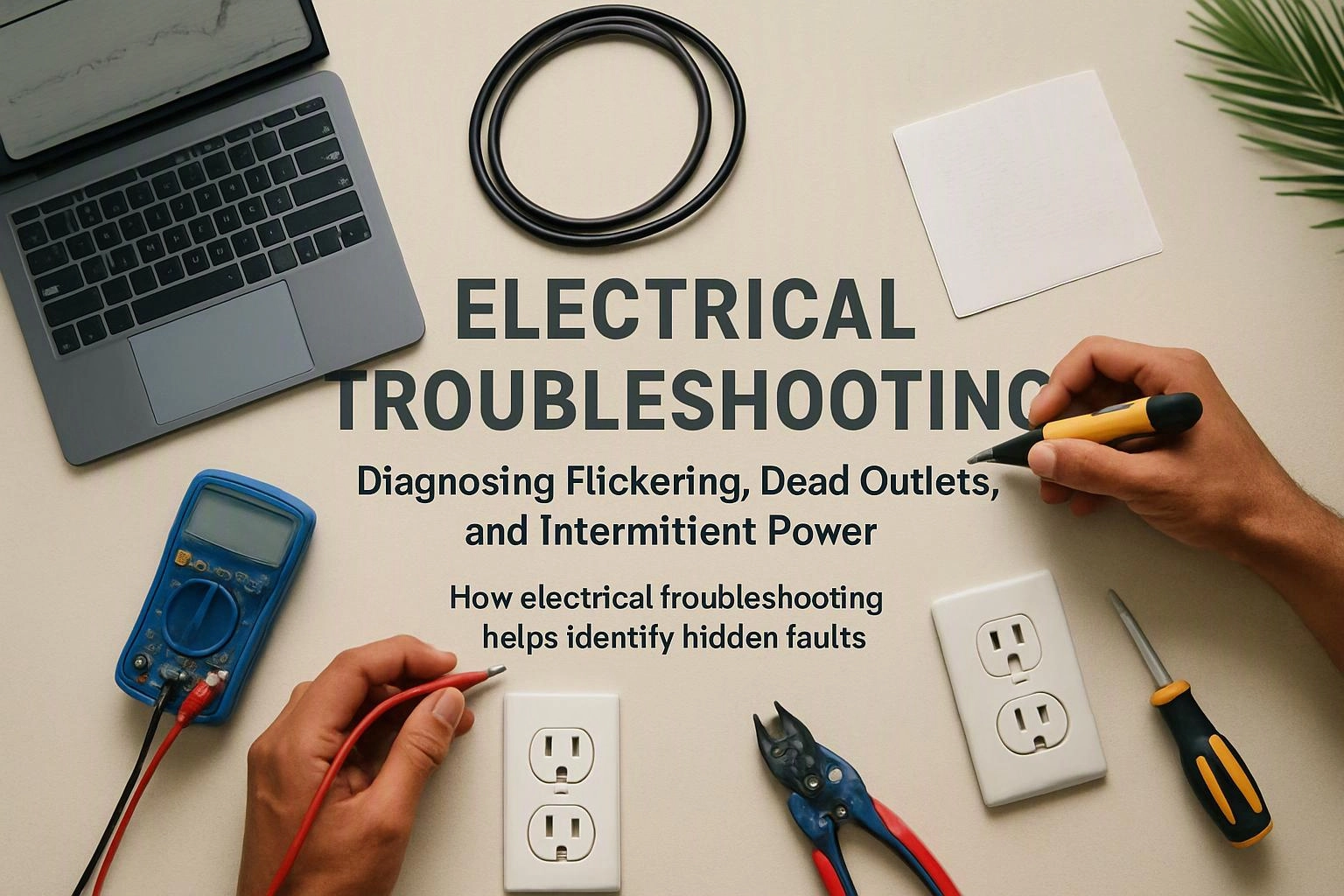 Aerial top-down flat-lay photograph of wide establishing view of a setting where "Electrical Troubleshooting