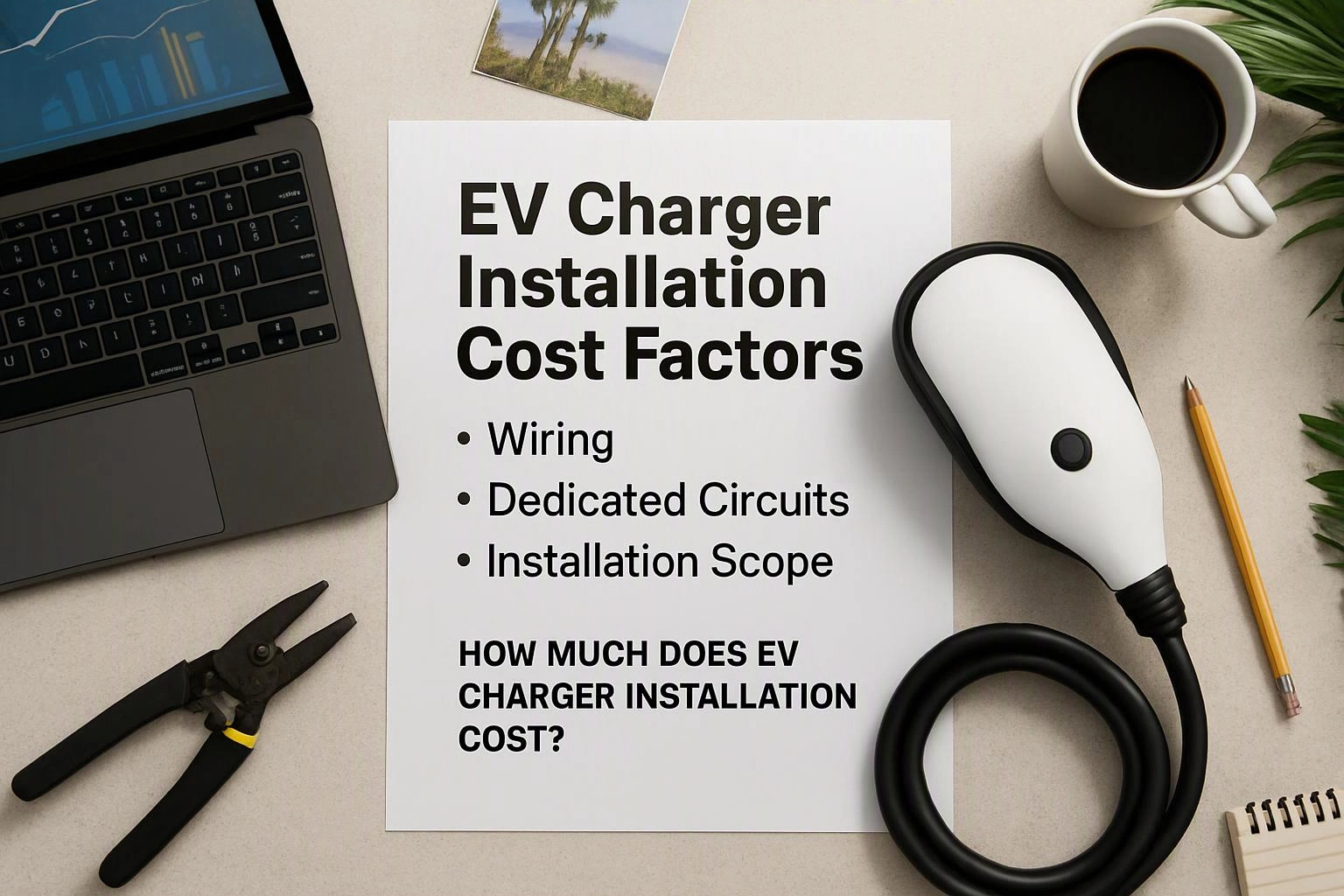 A desk flat lay shows a laptop, paper about EV charger installation costs, charger, tools, coffee, and pencil