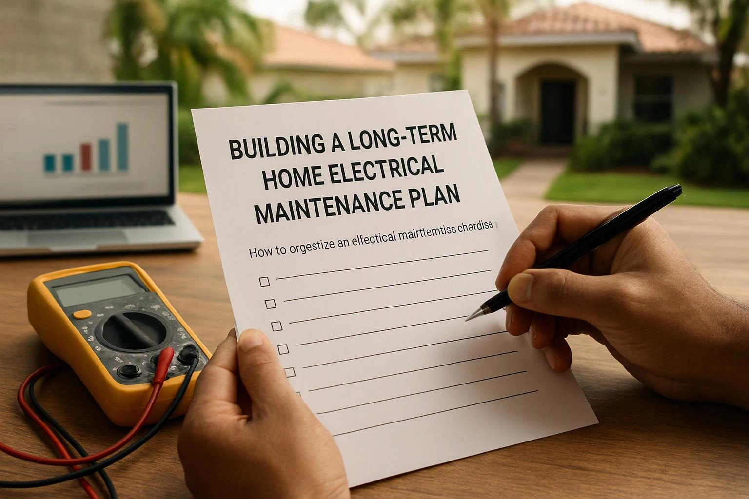 Advertising-grade tabletop still life photograph of a clear visual metaphor illustrating what "Building a Long-Term Home Electrical Maintenance Plan" means for 24