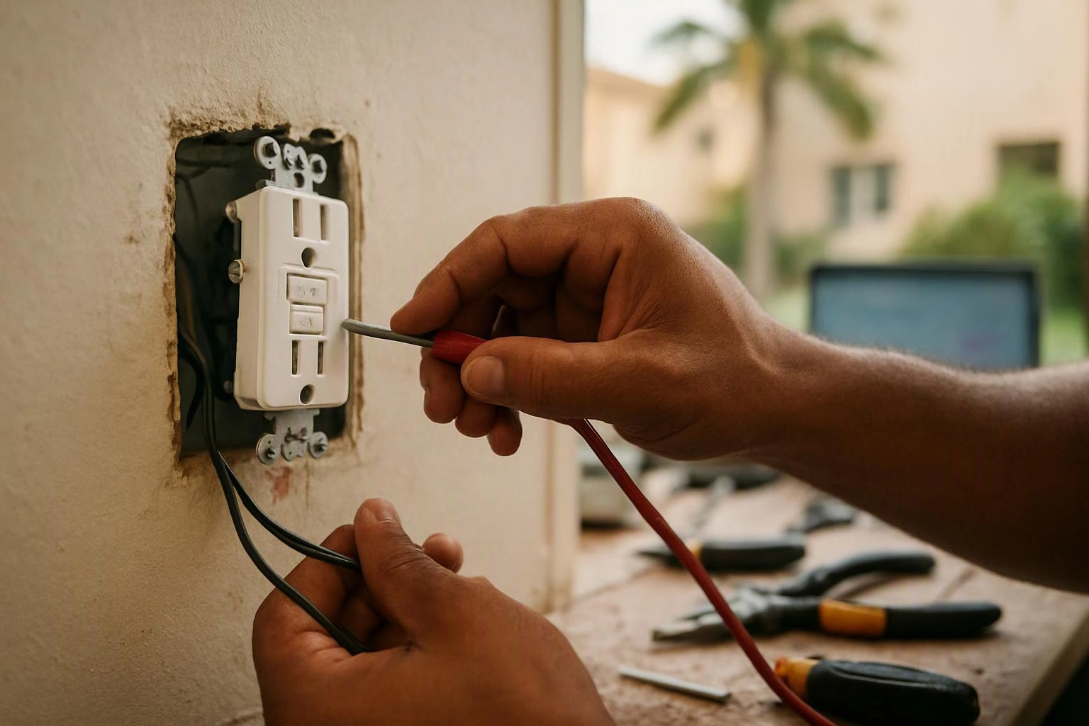 A person wires a wall outlet with a screwdriver beside tools on a workbench indoors