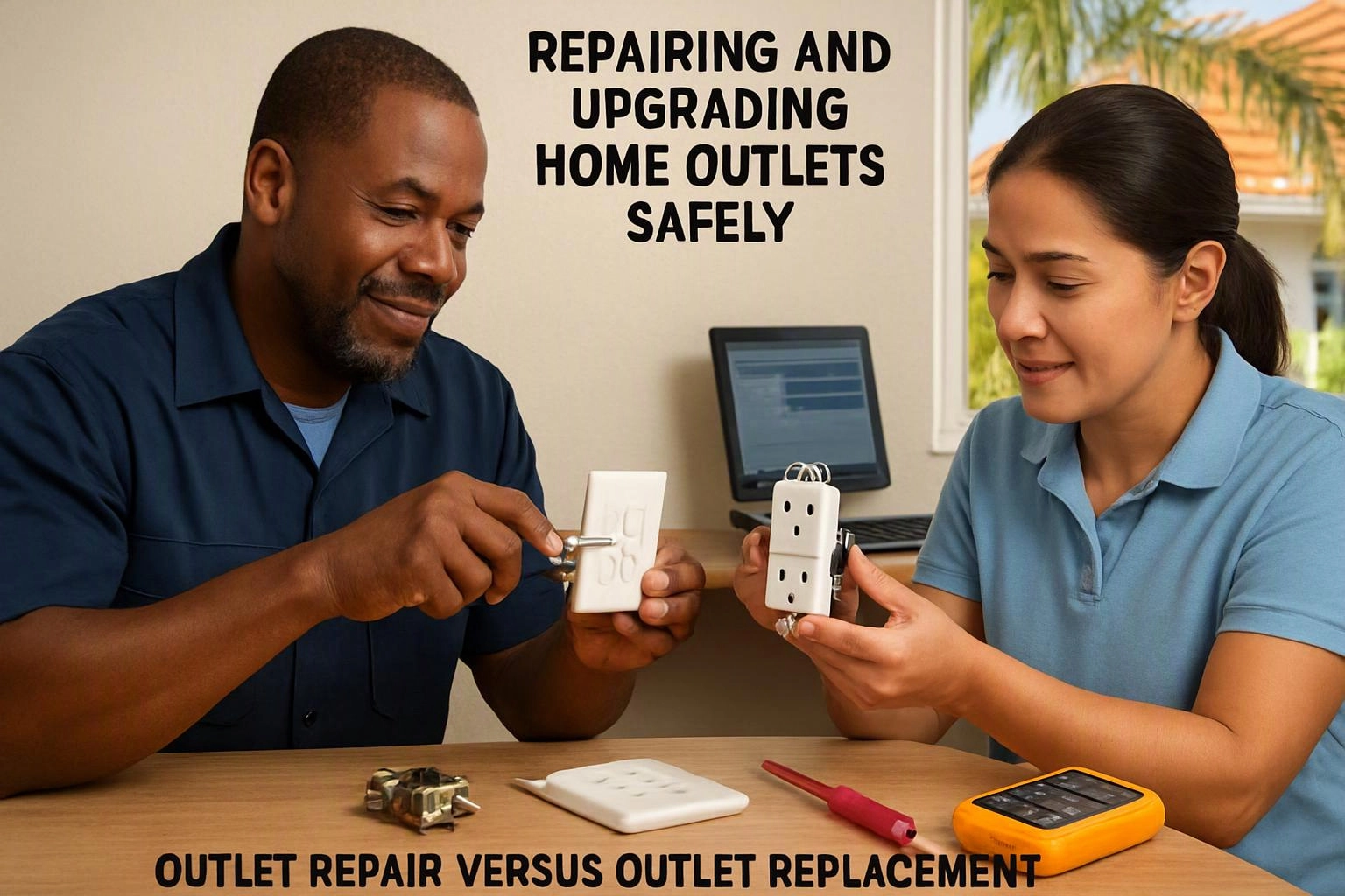 Advertising-grade tabletop still life photograph of a clear visual metaphor illustrating what "Repairing and Upgrading Home Outlets Safely" means for 24 Hour