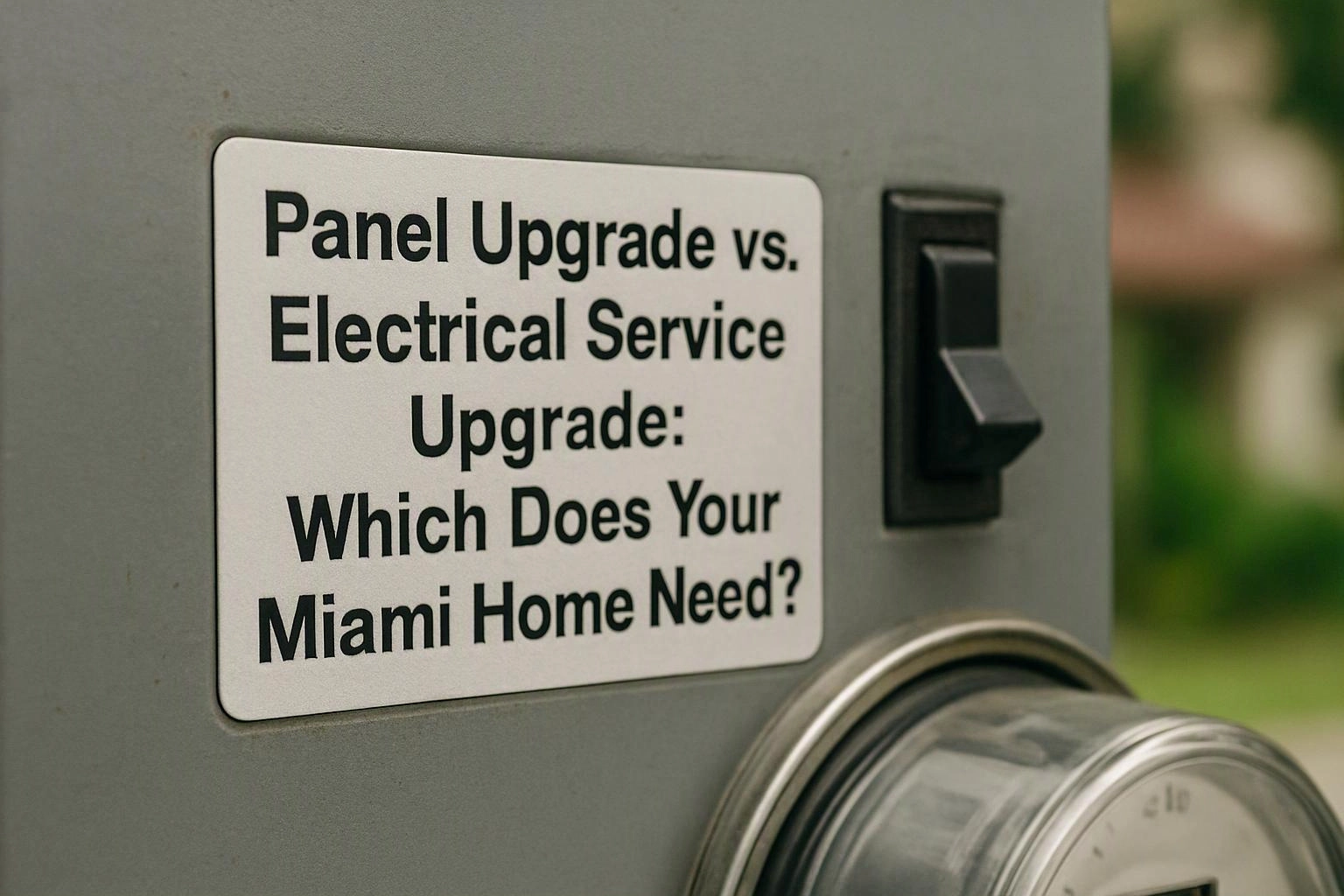 A gray electrical panel shows a large sign beside a switch and meter outside