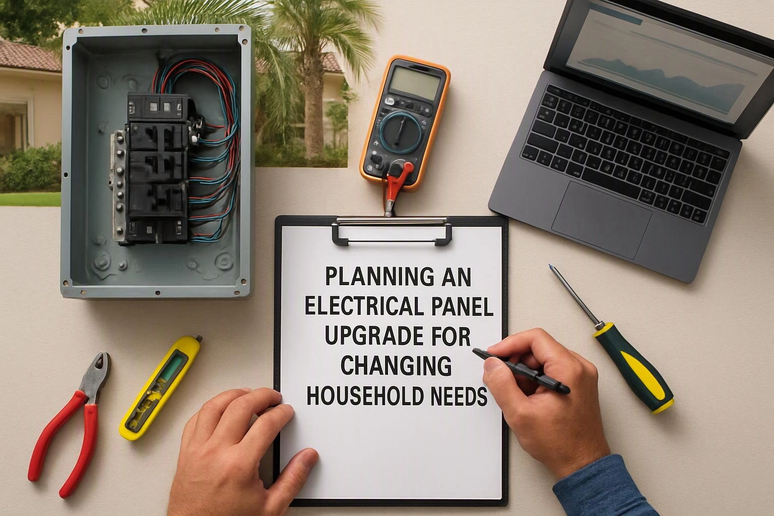 Aerial top-down flat-lay photograph of a clear visual metaphor illustrating what "Planning an Electrical Panel Upgrade for Changing Household Needs" means