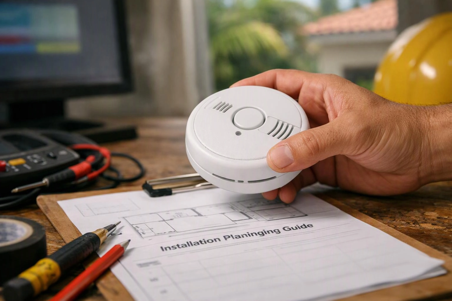 A hand holds a white smoke alarm above an installation planning guide on a workbench