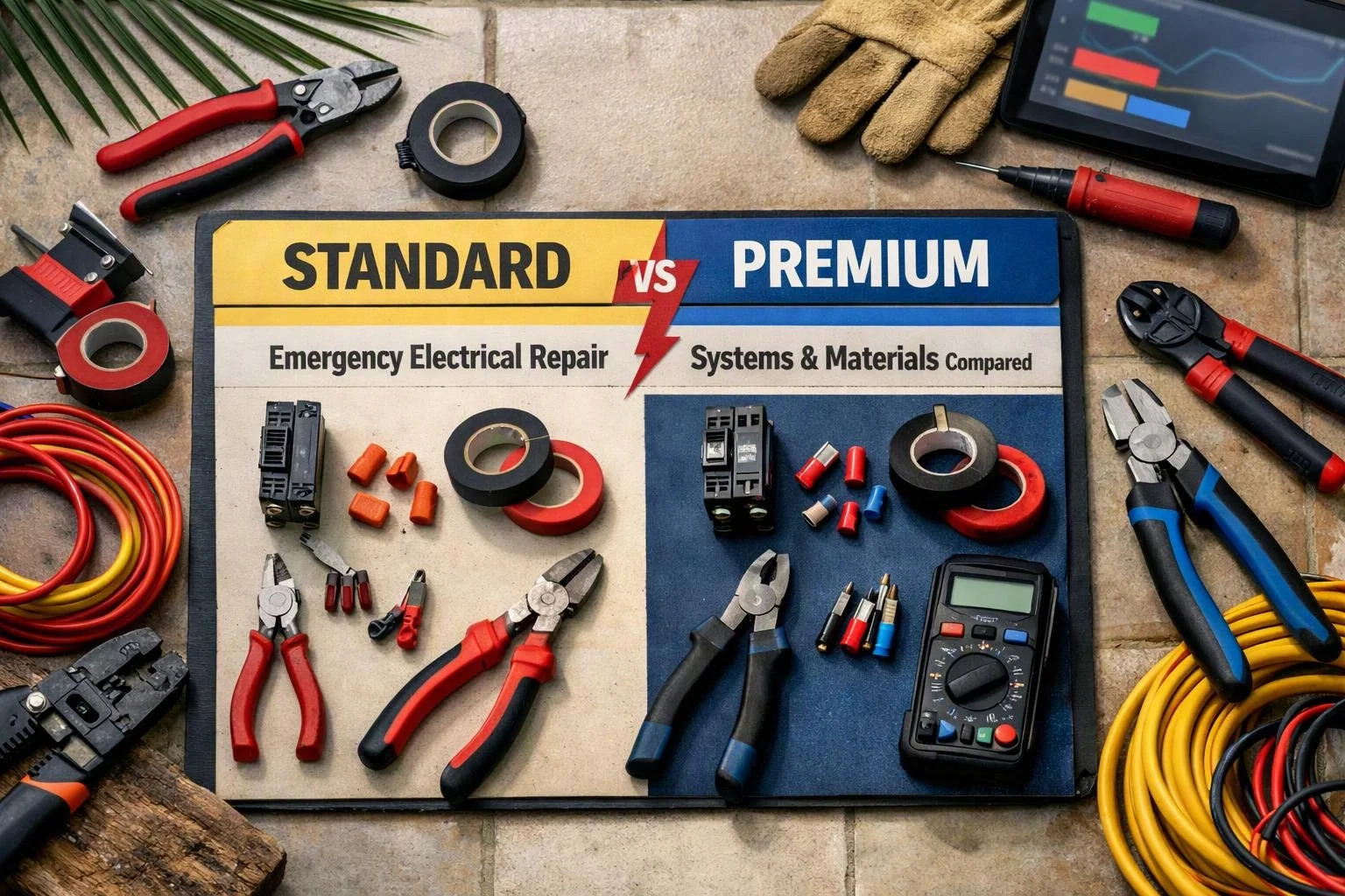 A comparison board shows standard versus premium electrical repair tools and materials on a tiled surface