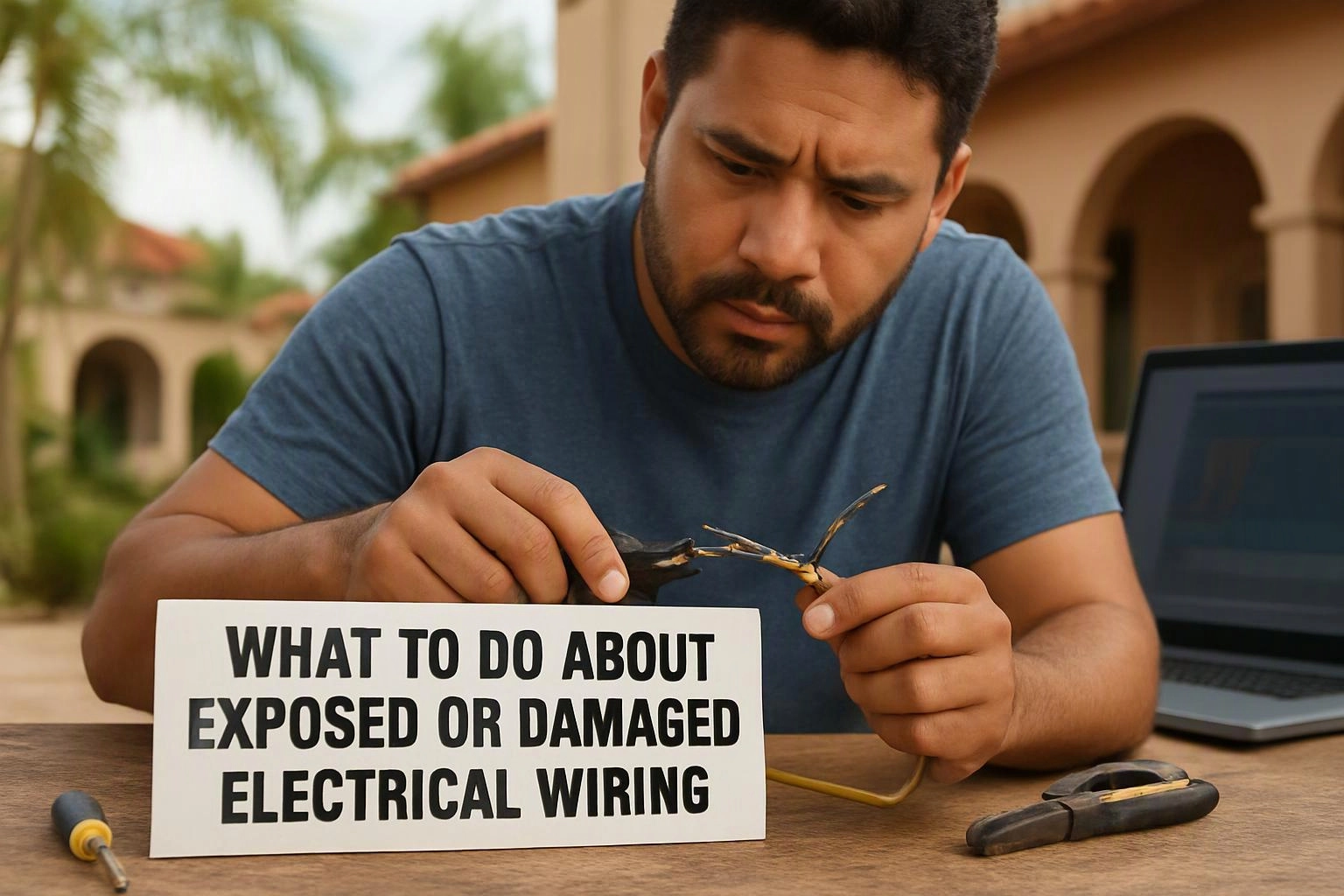 A man inspects damaged electrical wires at a table beside a laptop and a warning sign