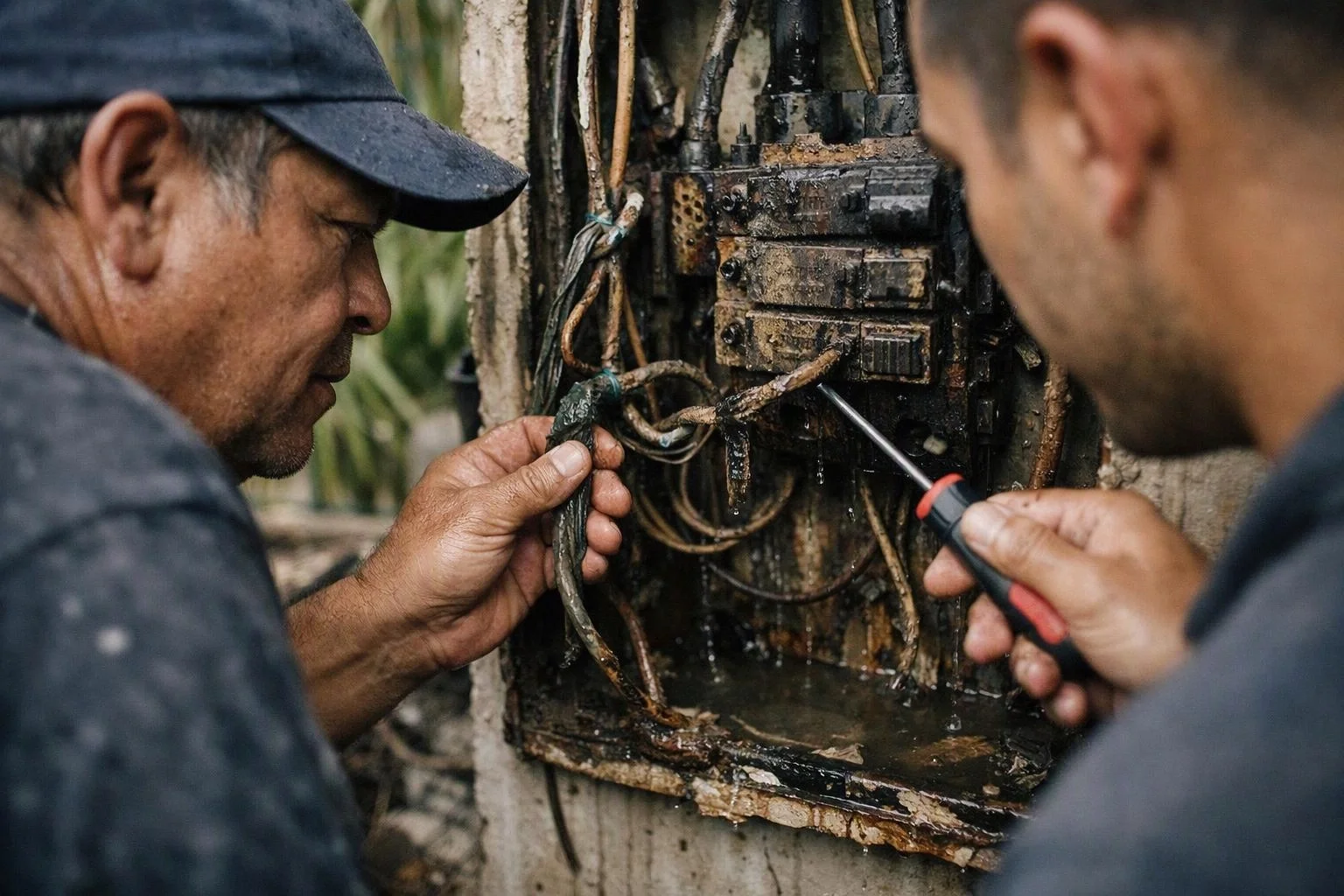 Two men inspect a rusted, water-damaged electrical box with tangled wires and a screwdriver outdoors