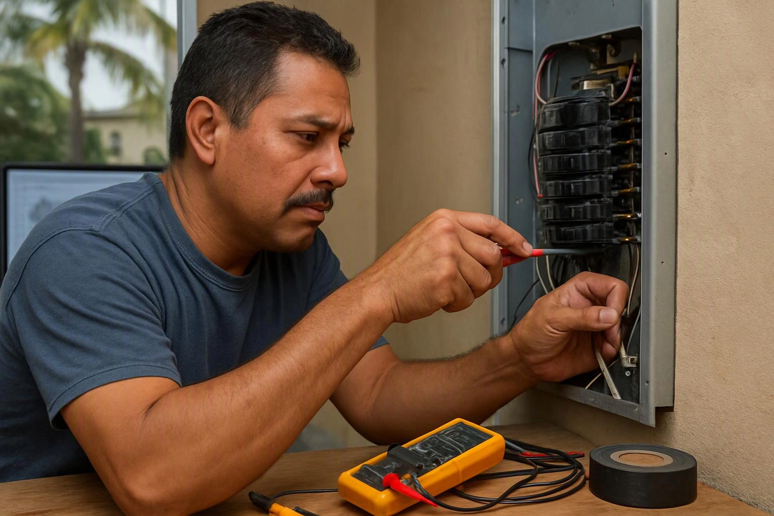 A man inspects an open electrical panel with a screwdriver and meter on a table