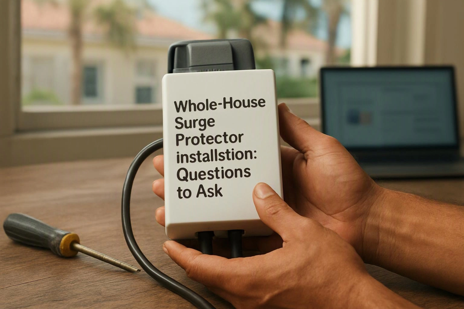 Advertising-grade tabletop still life photograph of wide establishing view of a setting where "Whole-House Surge Protector Installation
