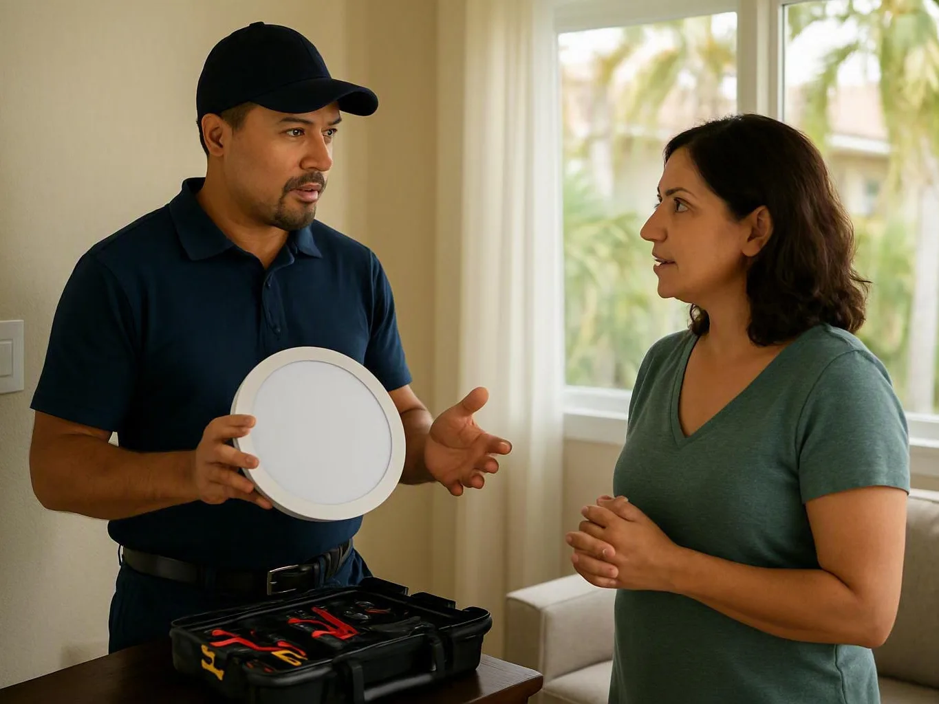 Electrician showing a round electrical panel to a woman beside a toolbox indoors