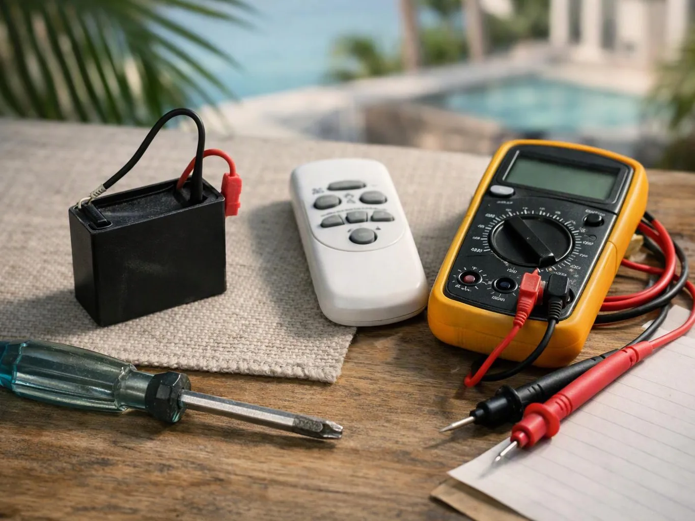 A battery, remote, multimeter, screwdriver, and test probes sit on a table with a blurred poolside background