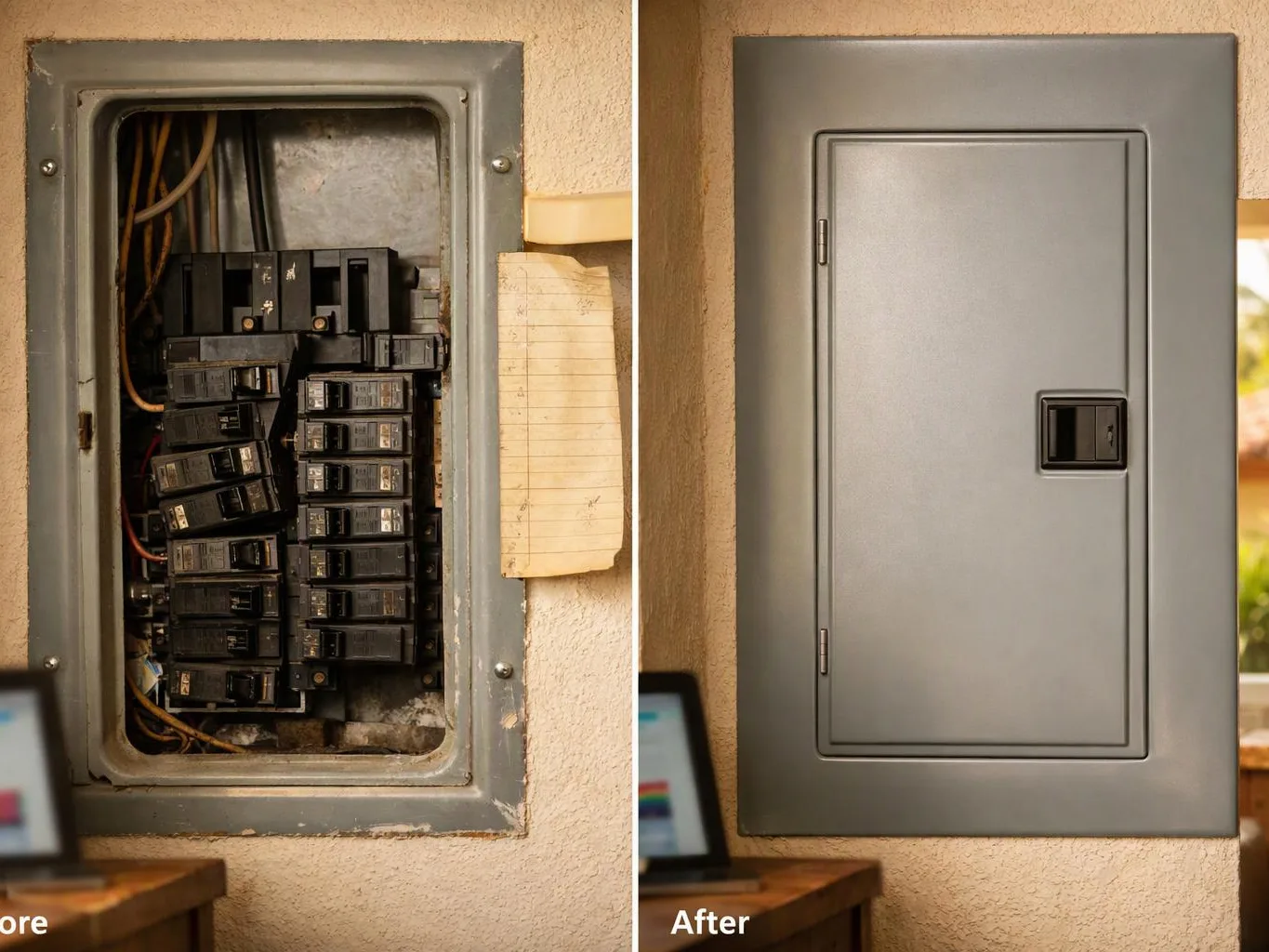 Before and after view of an electrical breaker panel, open on the left and covered by a gray door on the right
