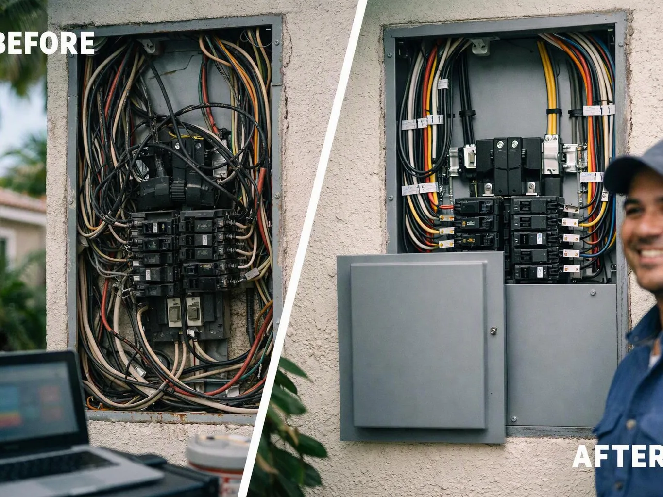 A before and after view shows a messy electrical panel cleaned up beside a smiling worker indoors