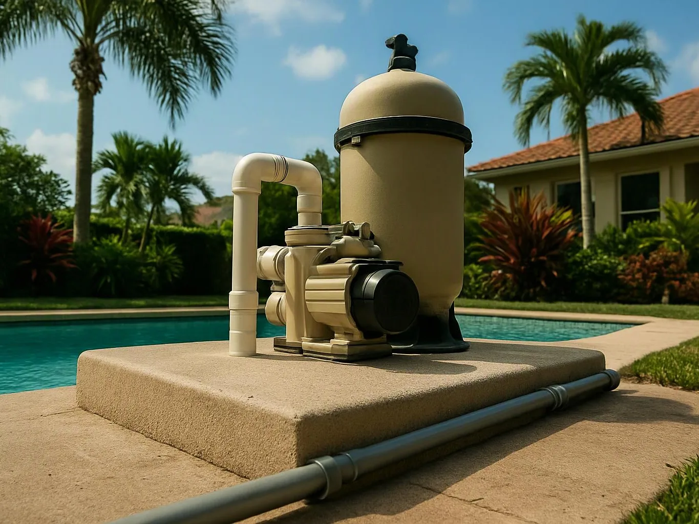 A beige pool pump and filter sit on a concrete pad beside a backyard swimming pool and palm trees