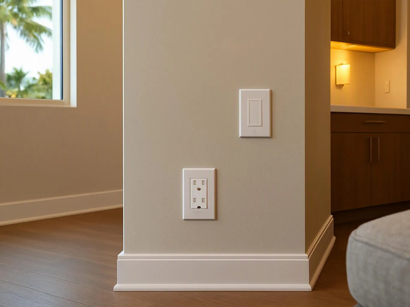 A beige wall with a light switch and outlet sits beside a bright kitchen and windowed room