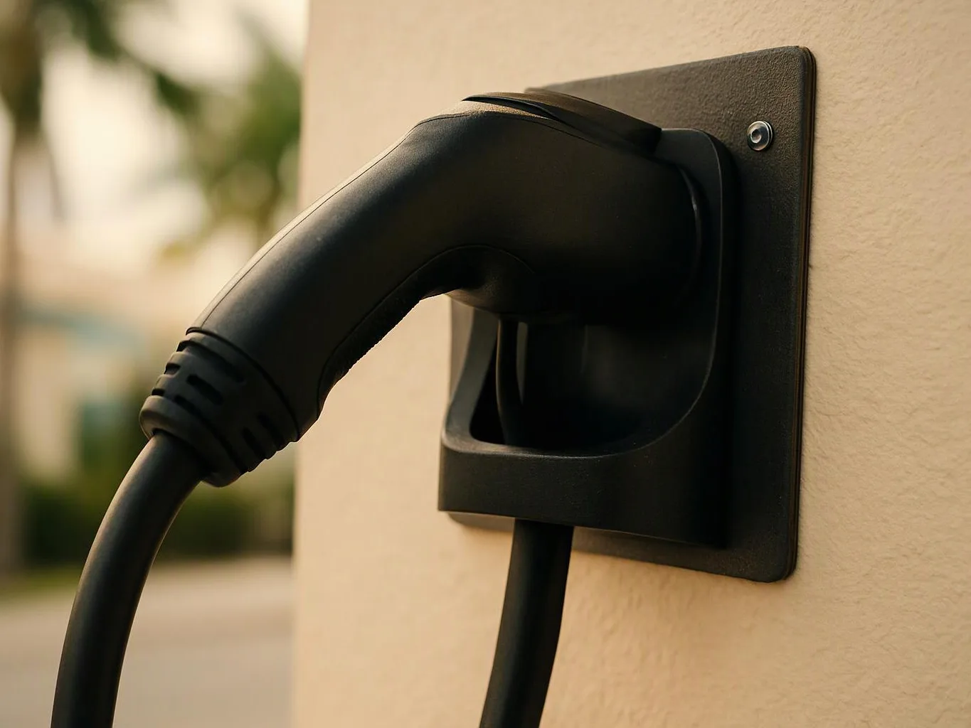 A black charging plug is inserted into a wall-mounted outlet on a beige exterior wall