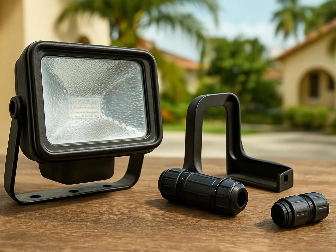 A black outdoor floodlight sits on a wooden surface beside mounting brackets and connectors