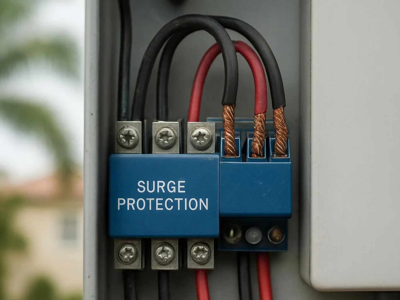 Blue surge protection modules with red and black wires mounted inside an electrical panel