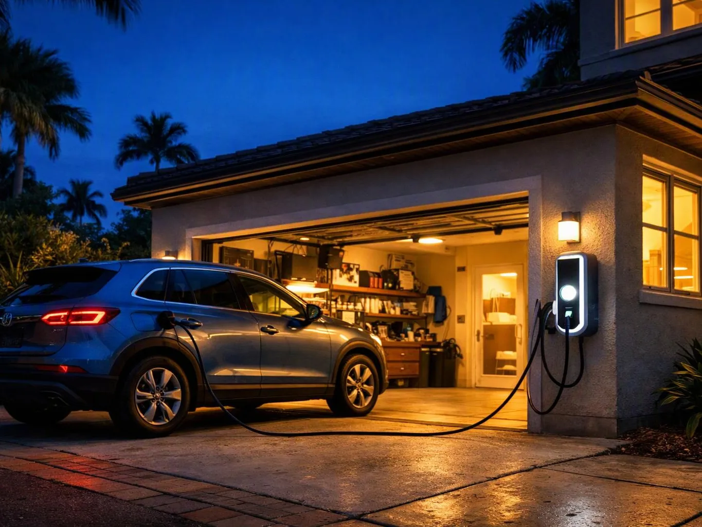 A blue SUV charges at a wall-mounted home station beside a lit open garage at dusk