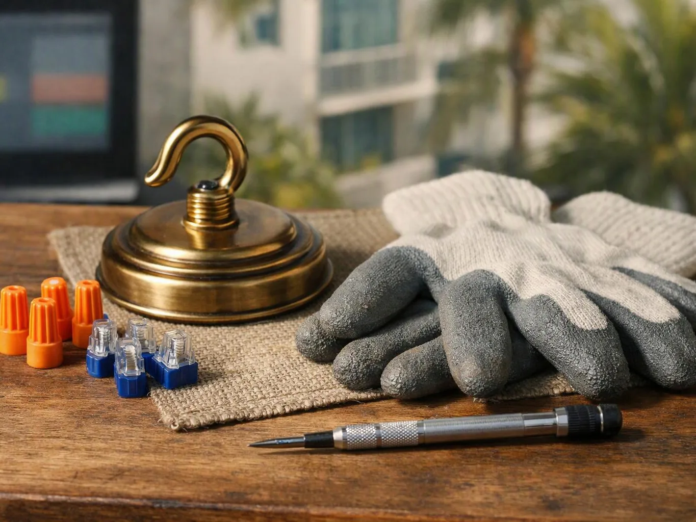 A brass hook bell sits beside work gloves, wire connectors, and a screwdriver on a wooden table