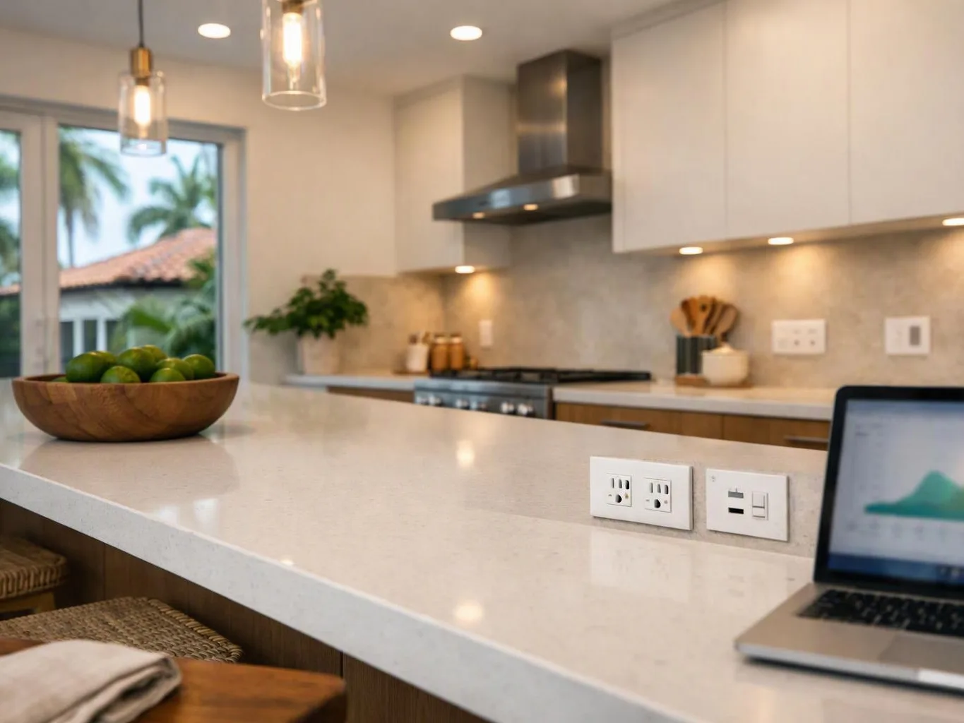 A bright modern kitchen shows a white island, wooden bowl of limes, laptop, and pendant lights