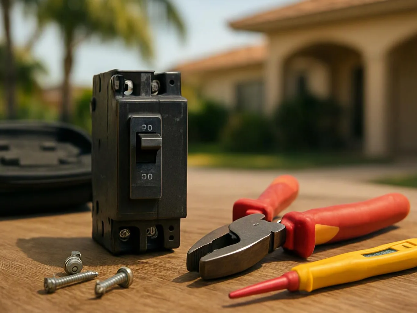 A circuit breaker, pliers, screwdriver tester