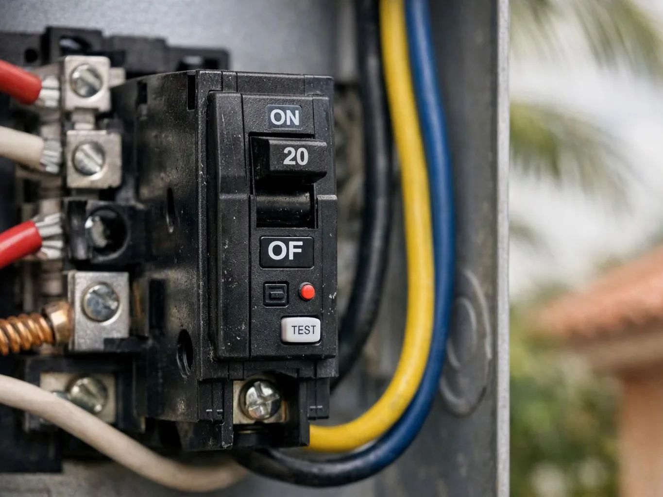 Close-up of a black electrical breaker with colored wires inside a metal panel, showing ON, 20, and TEST labels