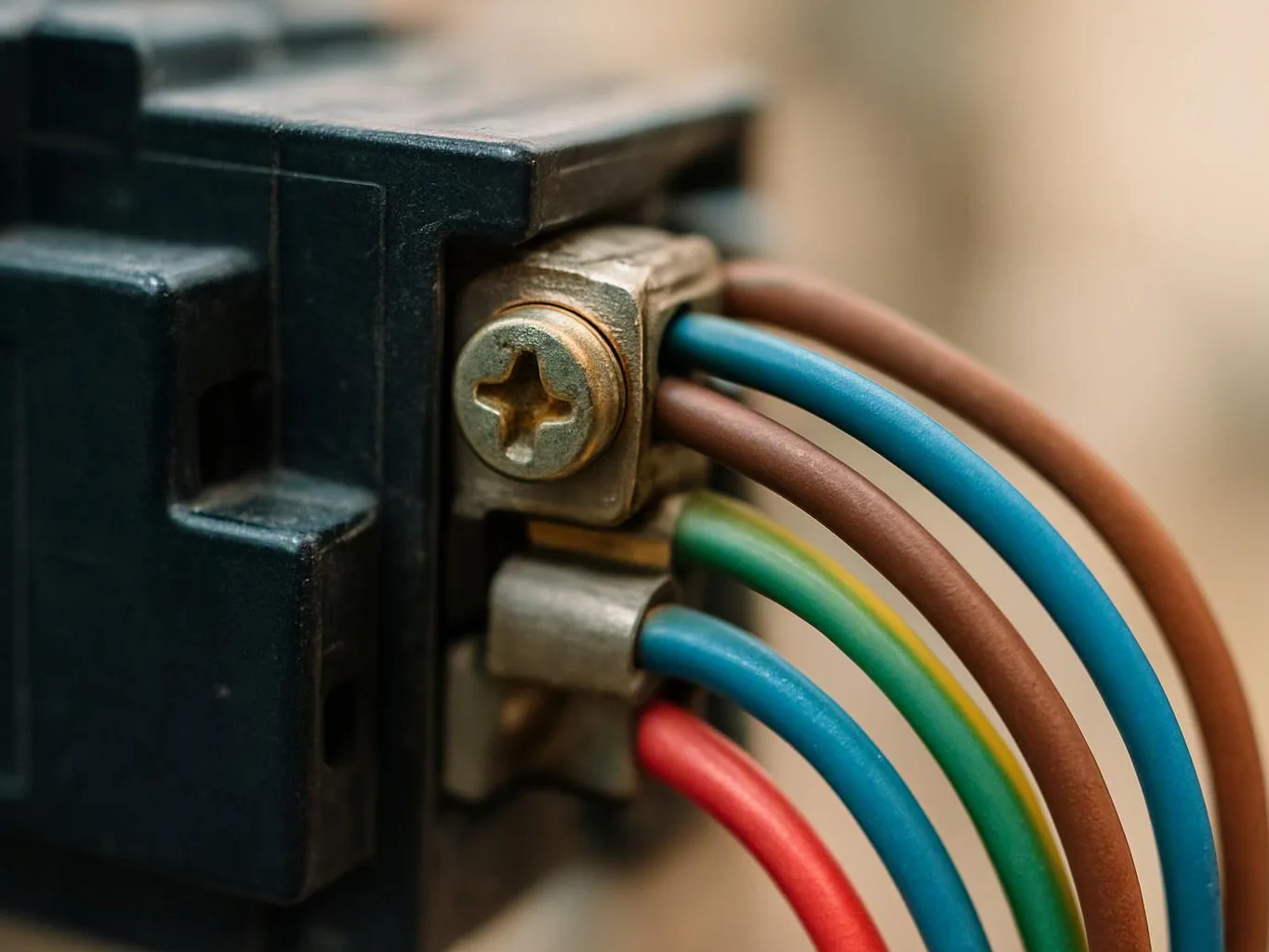 Close-up of a black electrical terminal block with colored wires and a visible screw connection