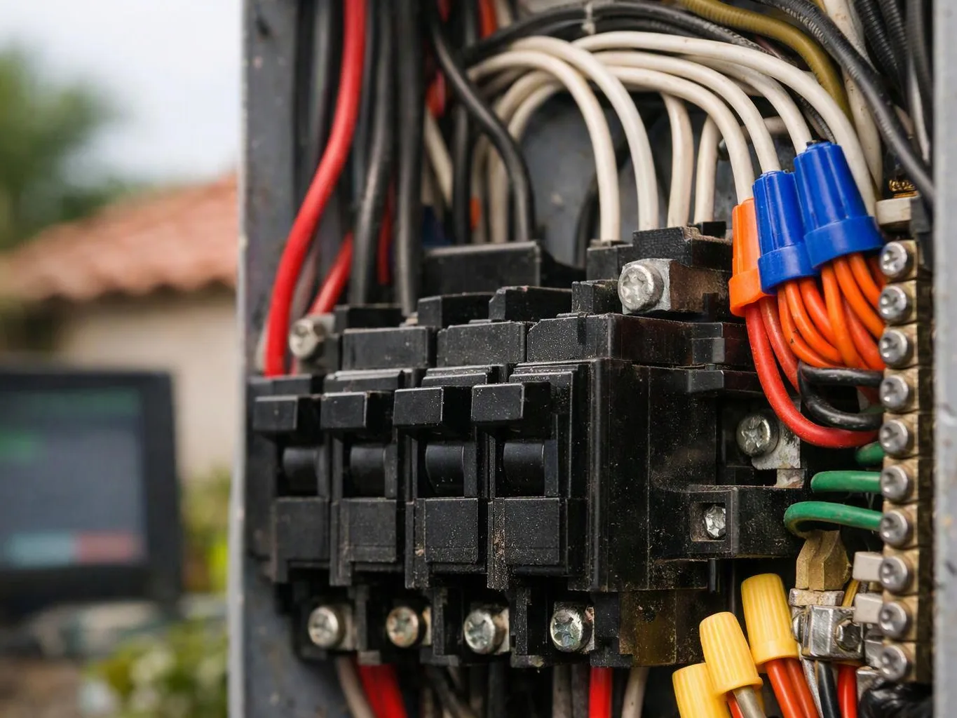 Close-up of an electrical breaker panel with bundled colored wires and metal terminals outside