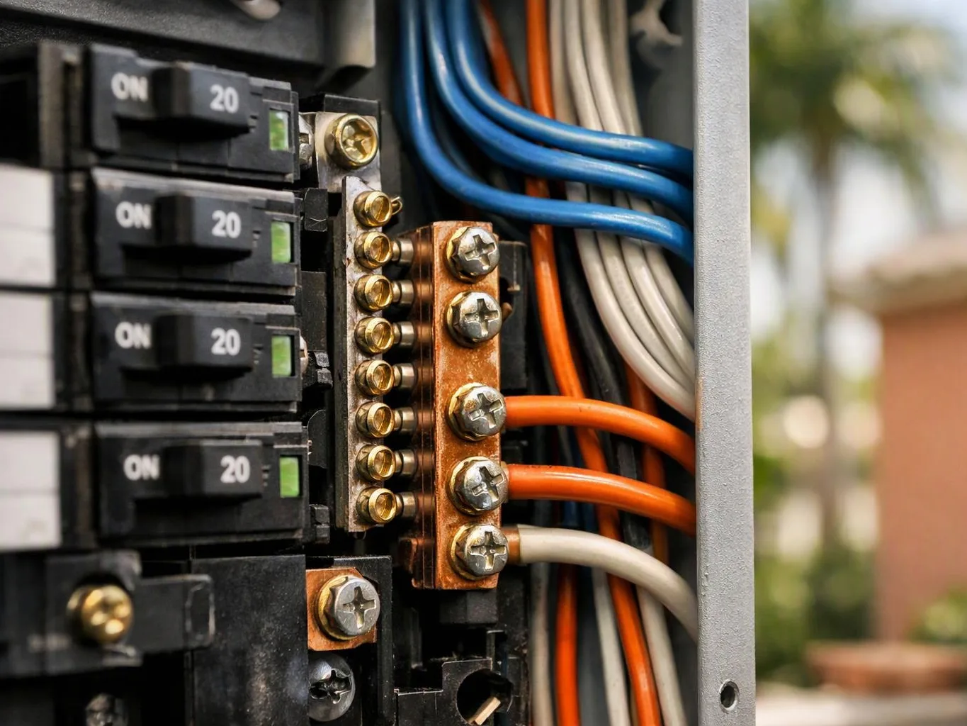 Close-up of an electrical breaker panel with copper terminals and colored wires inside a metal box