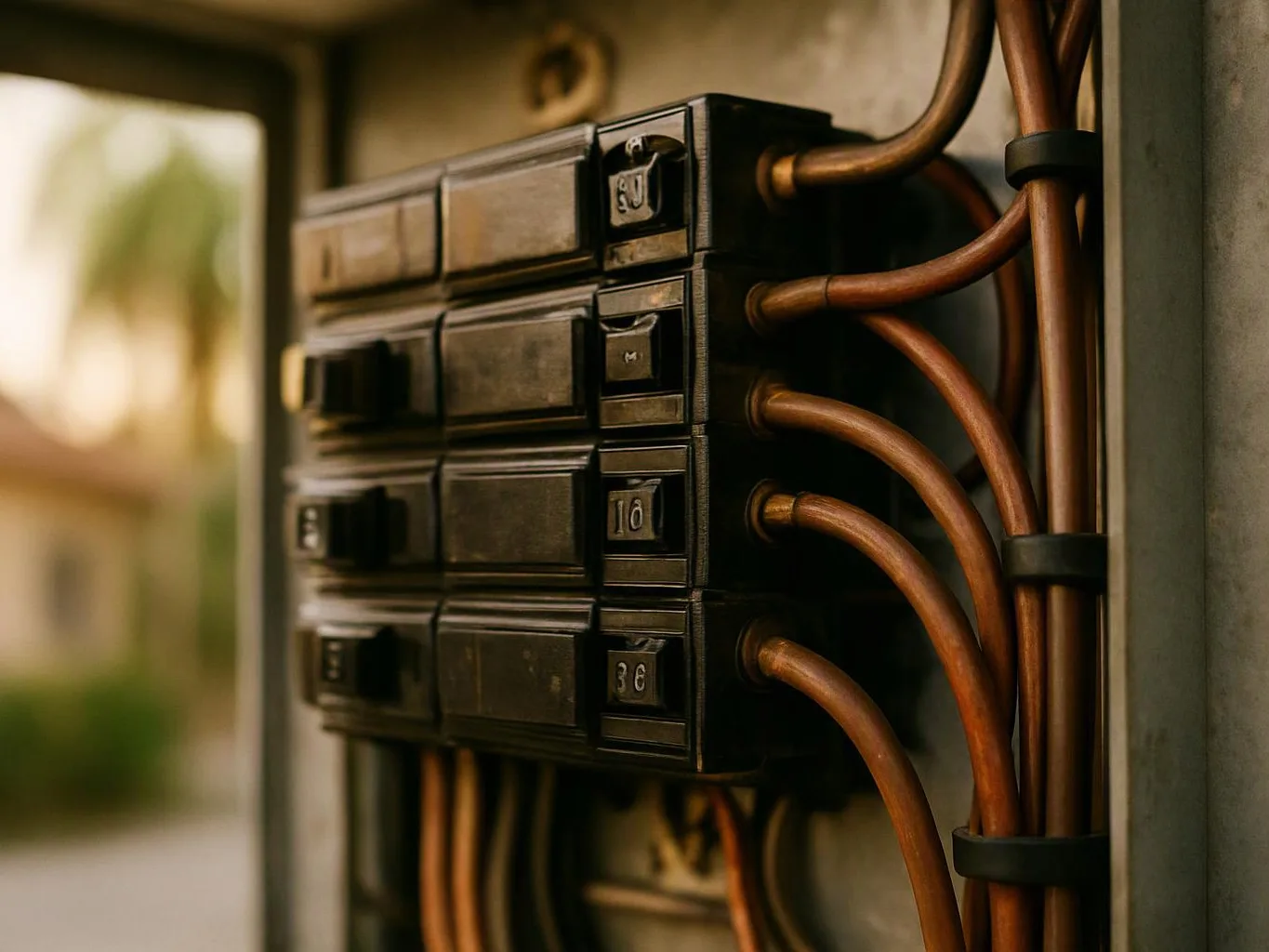 Close-up of an electrical breaker panel with copper wires, set against a softly blurred indoor background