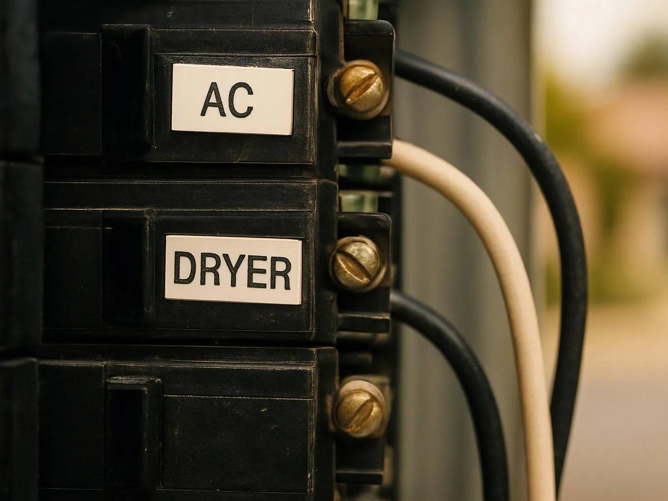 Close-up of an electrical breaker panel with labeled switches for AC and dryer, and attached black and white wires