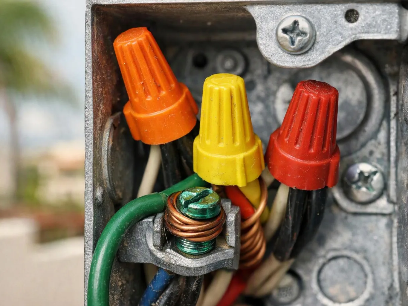 Close-up of an electrical junction box with colorful wire nuts and grounded wires inside metal housing