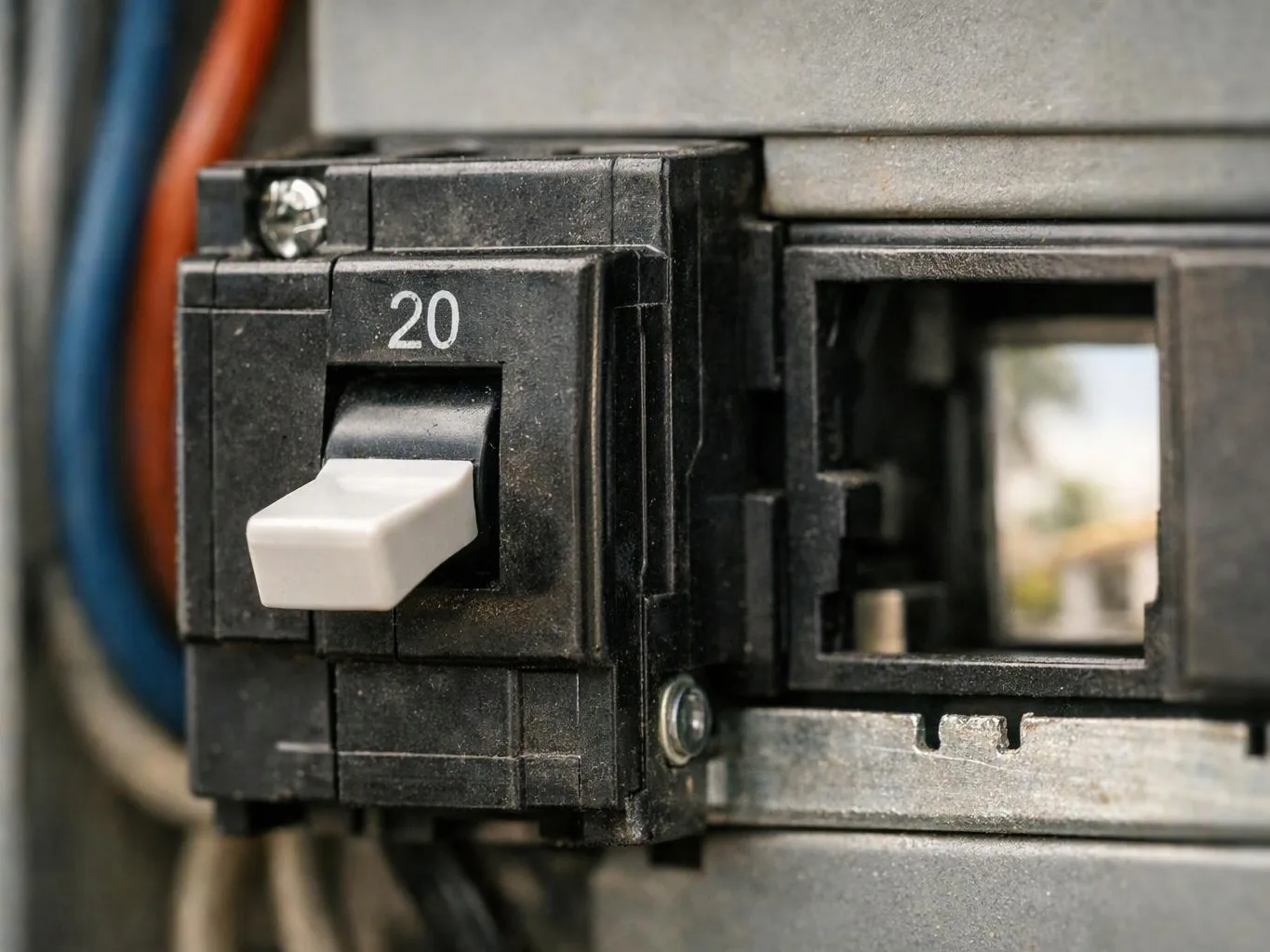 A close-up shows a black electrical circuit breaker with a white switch labeled 20 inside a metal panel