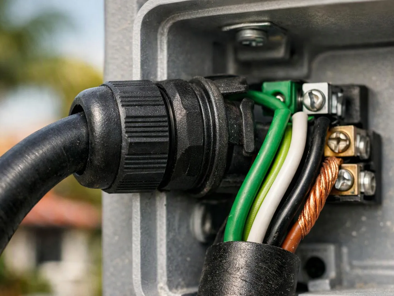 A close-up shows an electrical cable entering a metal box with exposed colored wires and terminal screws