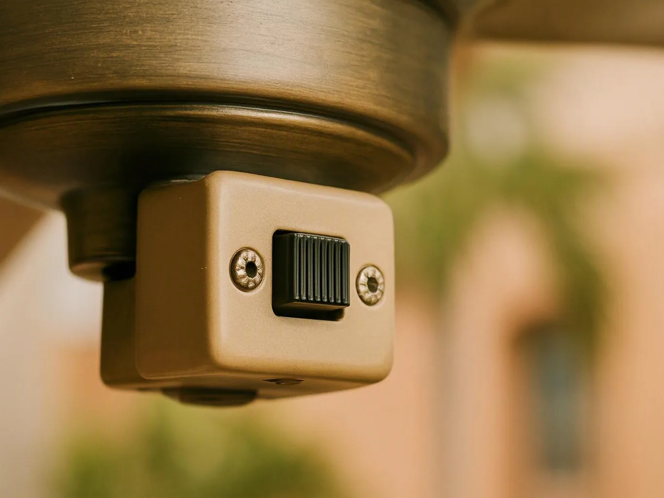 A close-up shows a small beige switch box mounted under a round metal fixture, with blurred background lights